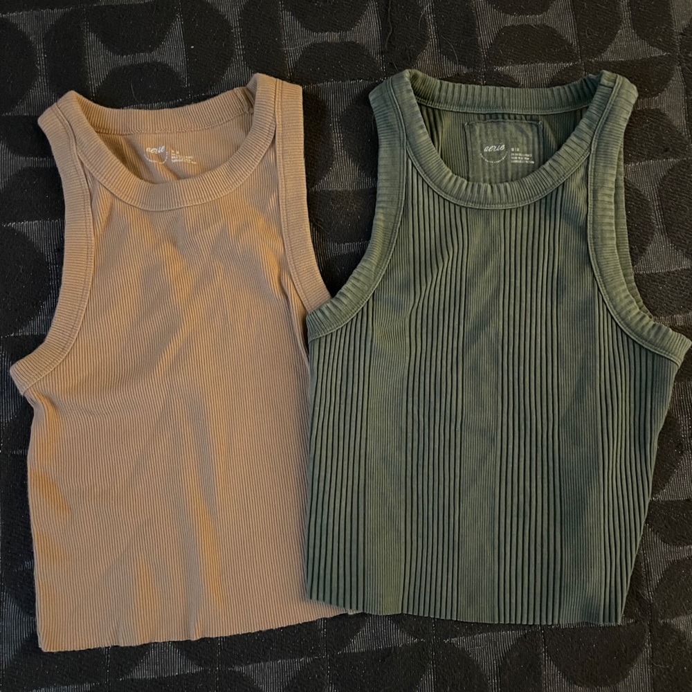 Aerie Cropped Ribbed Tank Top Duo - Beige and Olive M